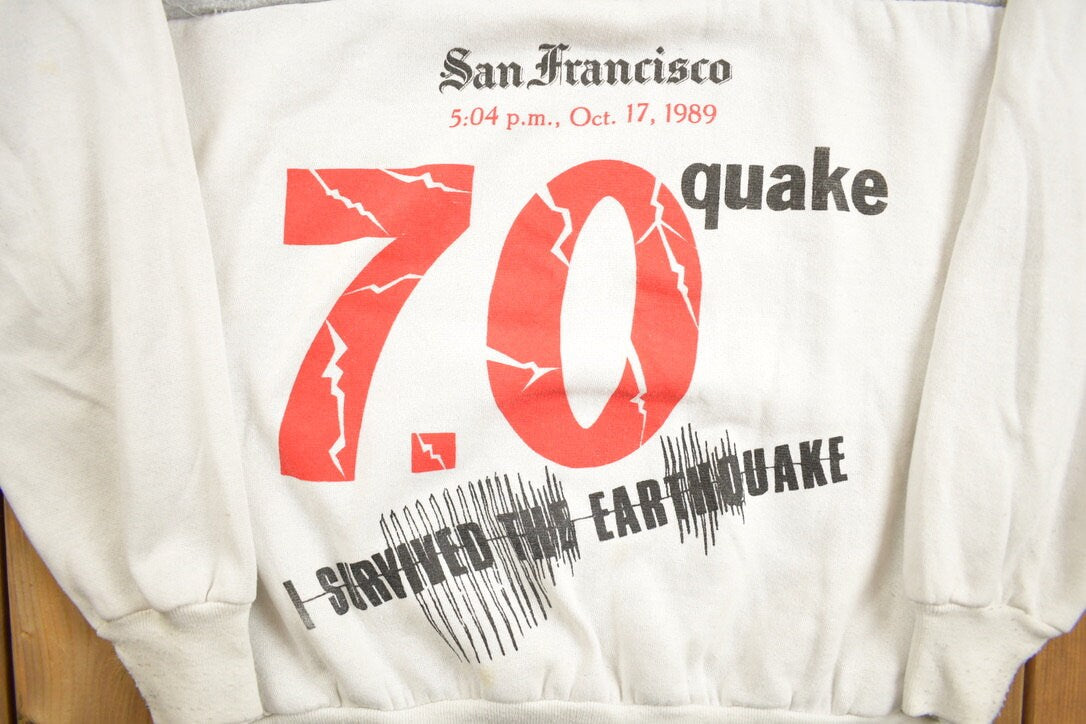 Vintage 1989 San Francisco 'I Survived The Earthquake' Quarter Zip Collared Sweatshirt / 90s Crewneck / Souvenir Travel Sweater / Streetwear