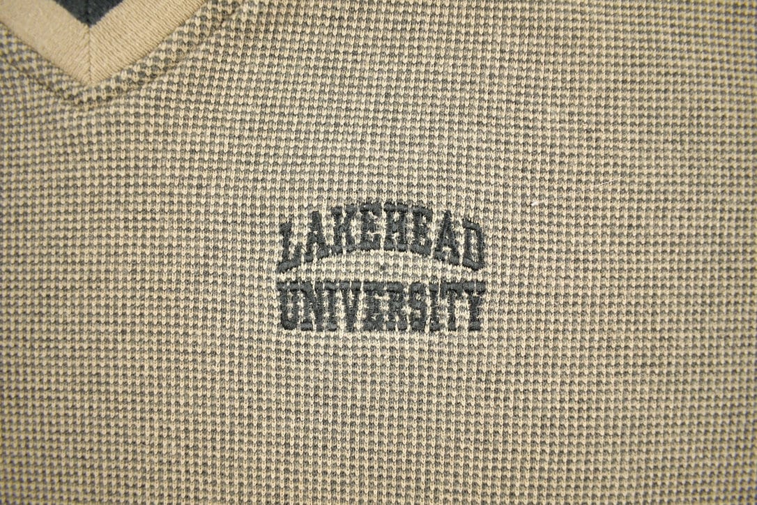 Vintage 1990s Lakehead University Collegiate Russell Athletics Knit V Neck Sweater / Embroidered / NCAA Sweatshirt / Sportswear / Americana