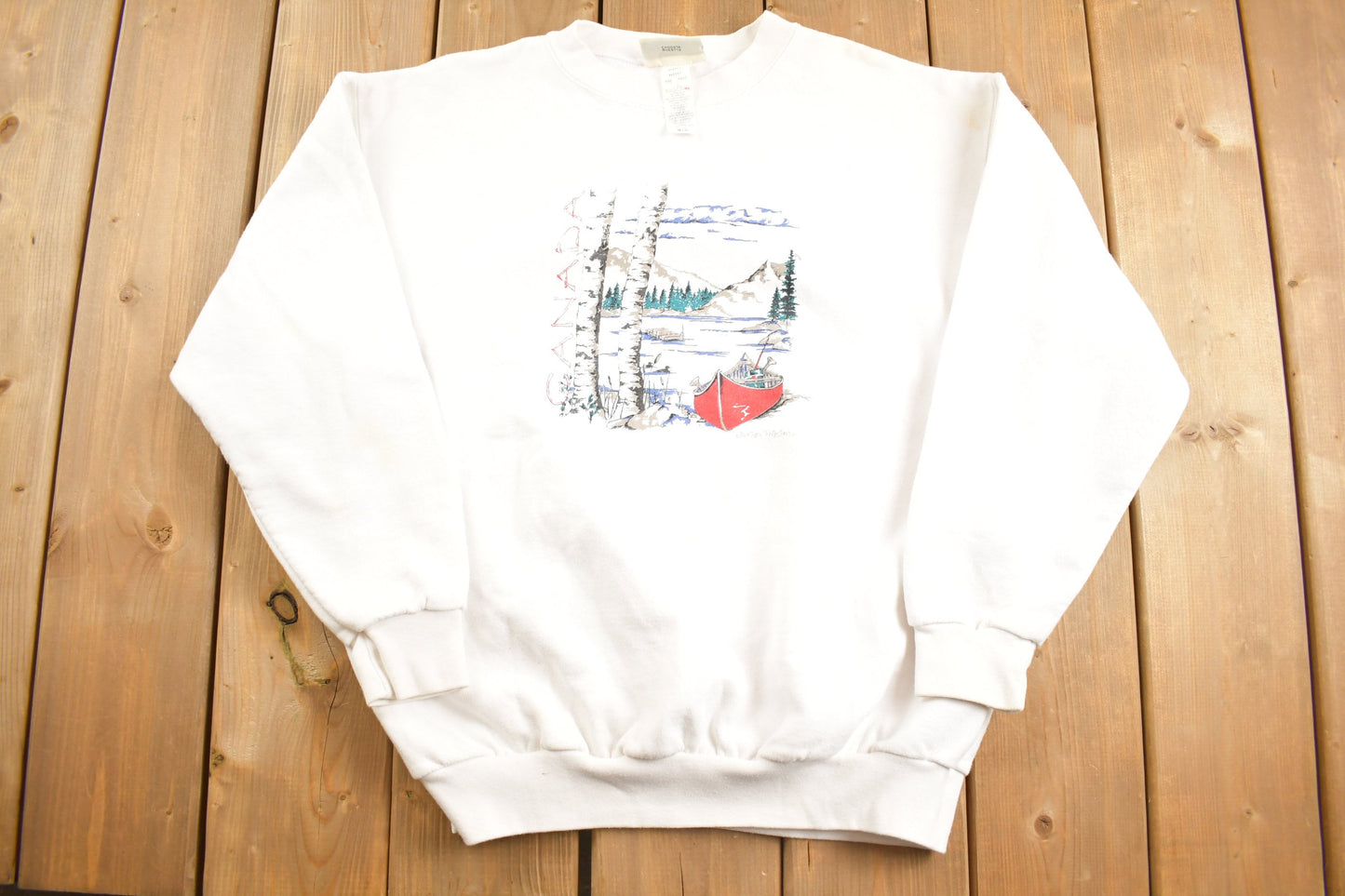 Vintage 1990s Northern Reflections Boating Lake Graphic Crewneck Sweatshirt / Vintage Sweatshirt / Outdoorsman / Wilderness Sweatshirt /