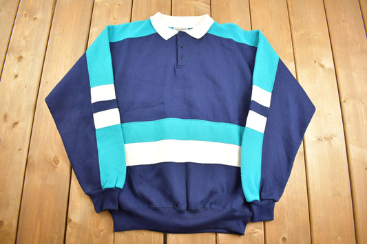 Vintage 1990s Footlocker International Collared Sweatshirt / 90 Sweatshirt / Souvenir / Athleisure / Streetwear / Color Block / Striped Polo