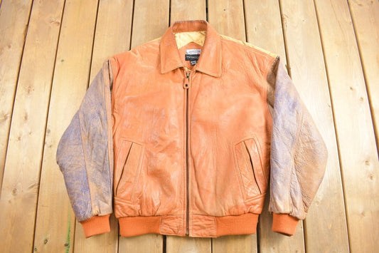 Vintage 1990s Intersect Colorful Leather Jacket / Fall Outerwear / Leather Coat / Winter Outerwear / Made in Canada / Vintage Orange Leather