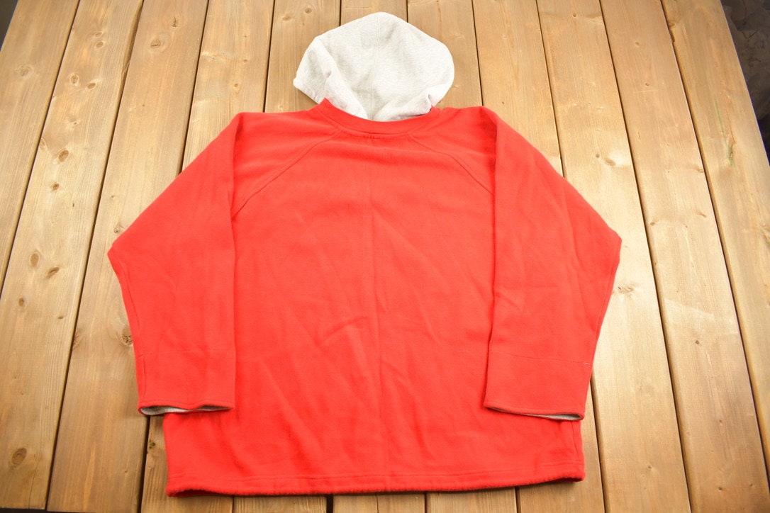 Vintage 1970s Inset Hood Zip Breast Pocket Red Blank Hoodie Sweatshirt Crewneck