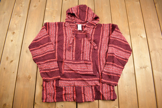 Vintage 1990s Red Artesanias Vega Rasta Blanket Knit Hoodie / 90s Hoodie / Vintage Sweater / 90s / Drug Rug / Color Block / Baja / Size S