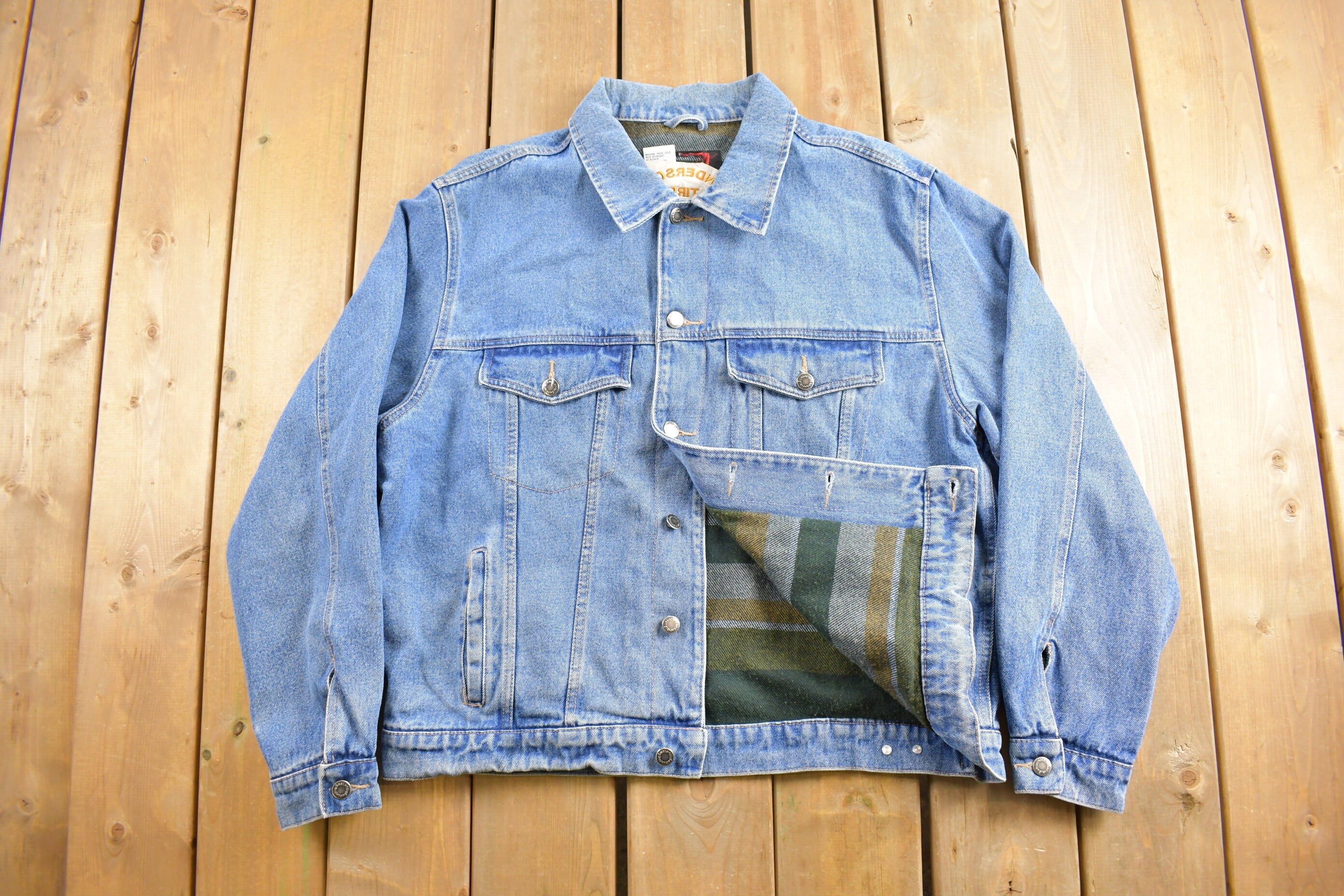 Vintage 1990s Denim Trucker Jacket / Blanket Lined / Anderson Tire