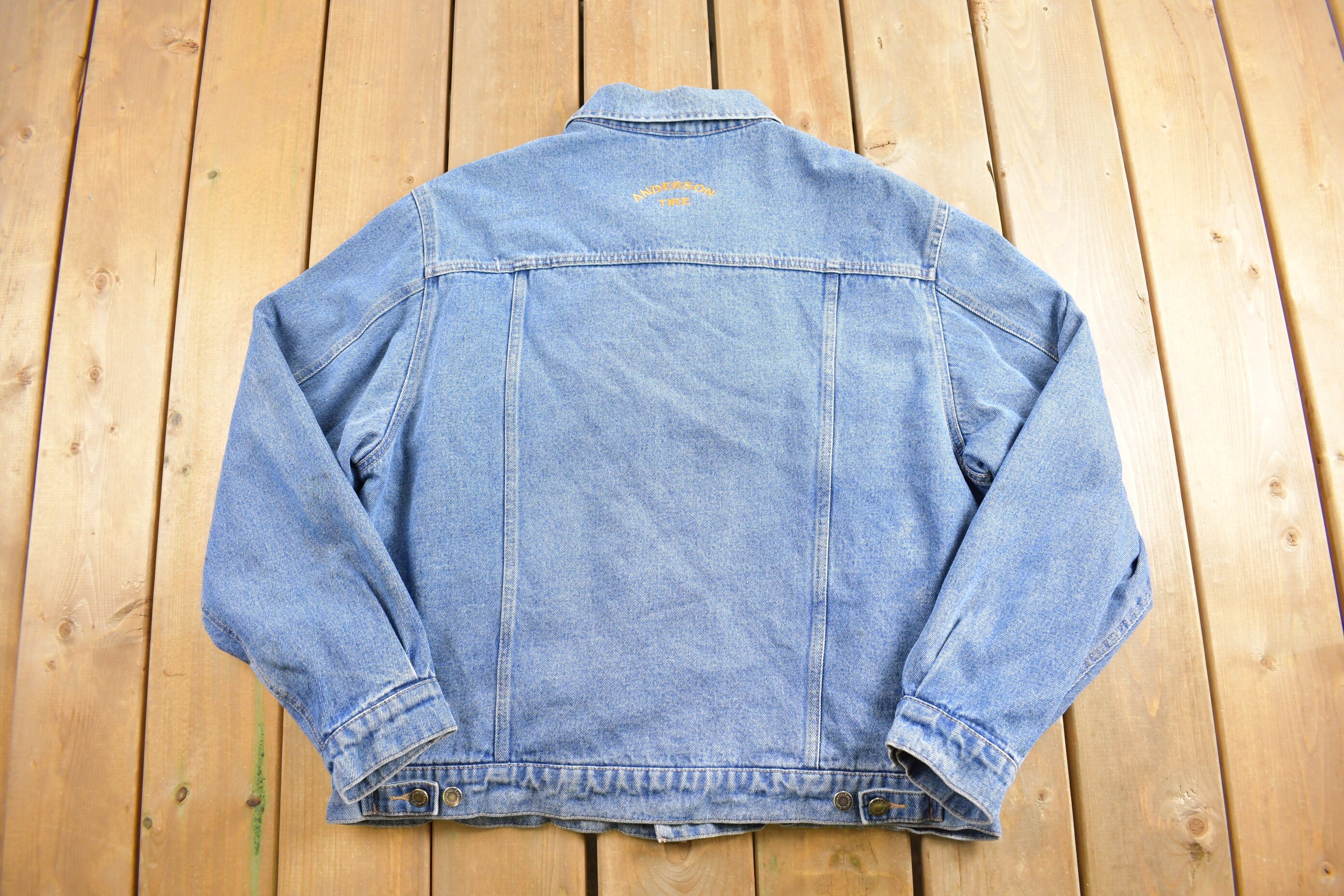 Vintage 1990s Denim Trucker Jacket / Blanket Lined / Anderson Tire