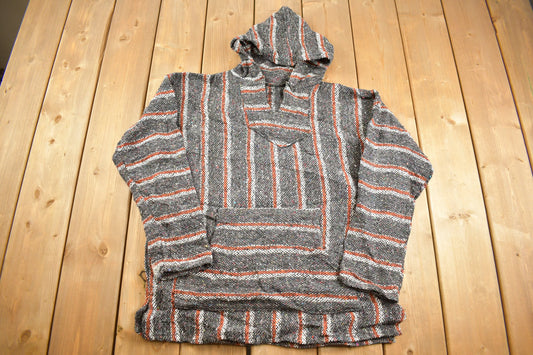 Vintage 1990s Grey Orange Rasta Blanket Knit Hoodie / 90s Hoodie / Vintage Sweater / 90s / Drug Rug / Color Block / Baja / Size Large