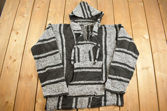 Vintage 1990s Grey Rasta Blanket Knit Hoodie / 90s Hoodie / Vintage Sweater / 90s / Drug Rug / Color Block / Baja / Size Small