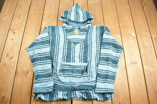 Vintage 1990s Iguana Jack Blue Rasta Blanket Knit Hoodie / 90s Hoodie / Vintage Sweater / 90s / Drug Rug / Color Block / Baja / Size Medium