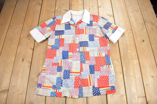 Vintage 1960s Patchwork Button Up Short Sleeve Polyester Shirt / True Vintage / Dagger Collar / Retro Menswear / 1960s Fashion / Disco