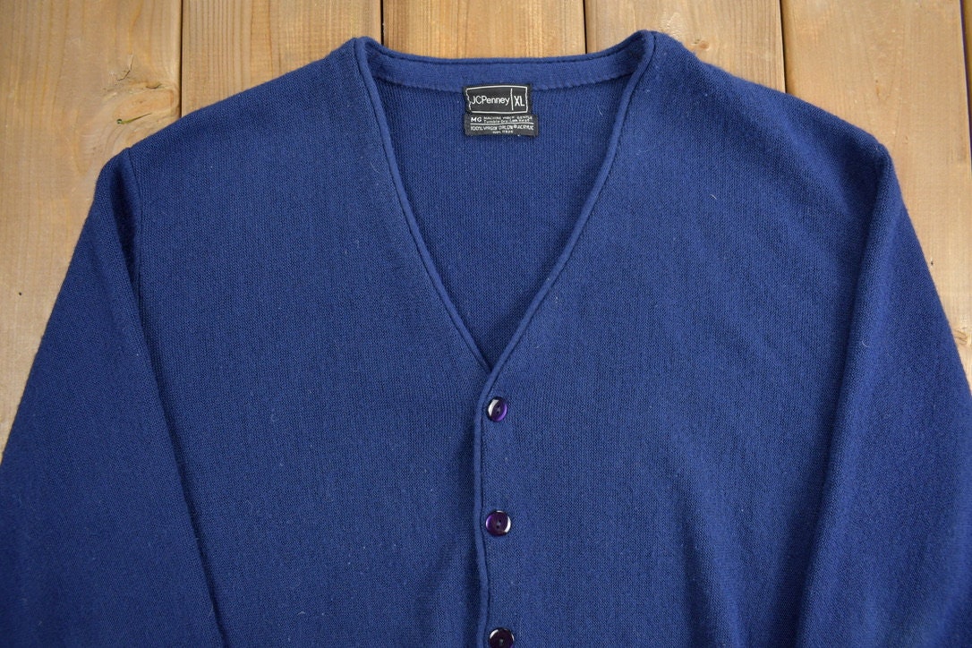 Vintage 1990s Blank JCPenny Knitted Cardigan Sweater / Vintage Cardigan / Button Up / Blue Cardigan / Size Large / Basic Cardigan /