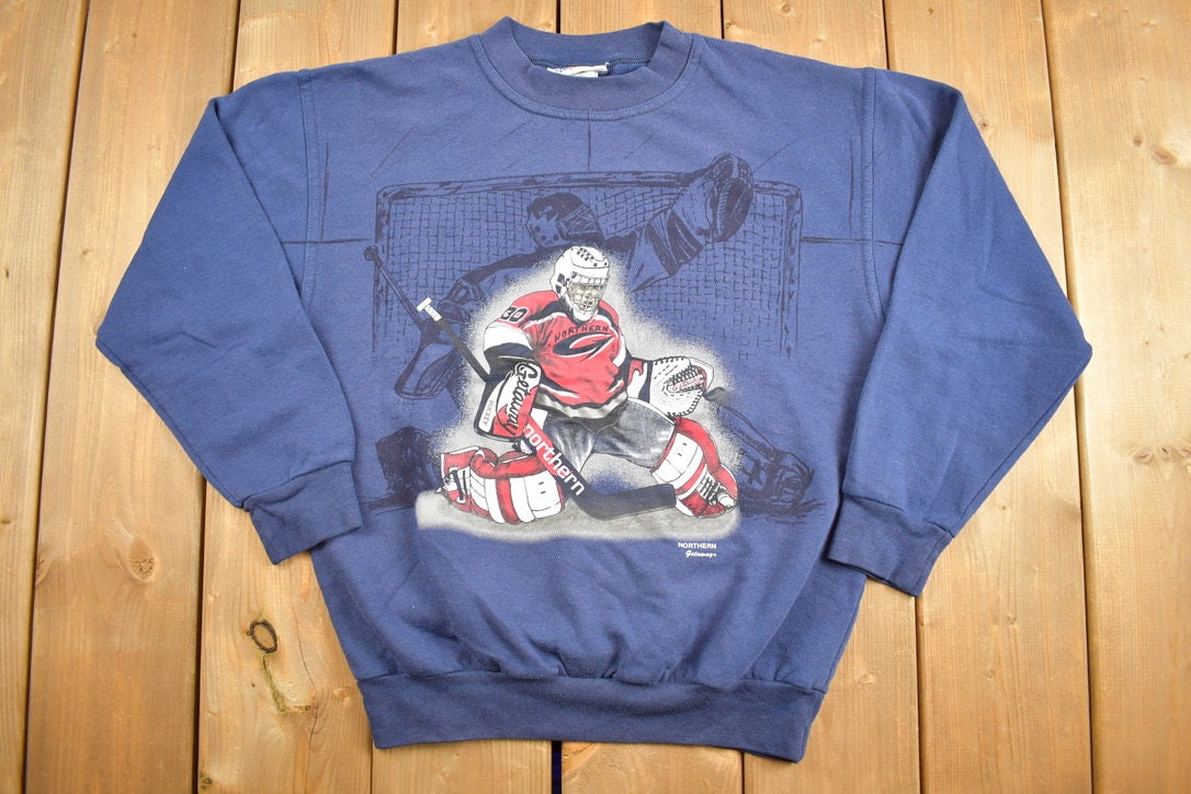 Vintage 1990s Ice Hockey Theme Blue Sweatshirt / 90s Crewneck / Made In Canada / Streetwear / Northern Getaway