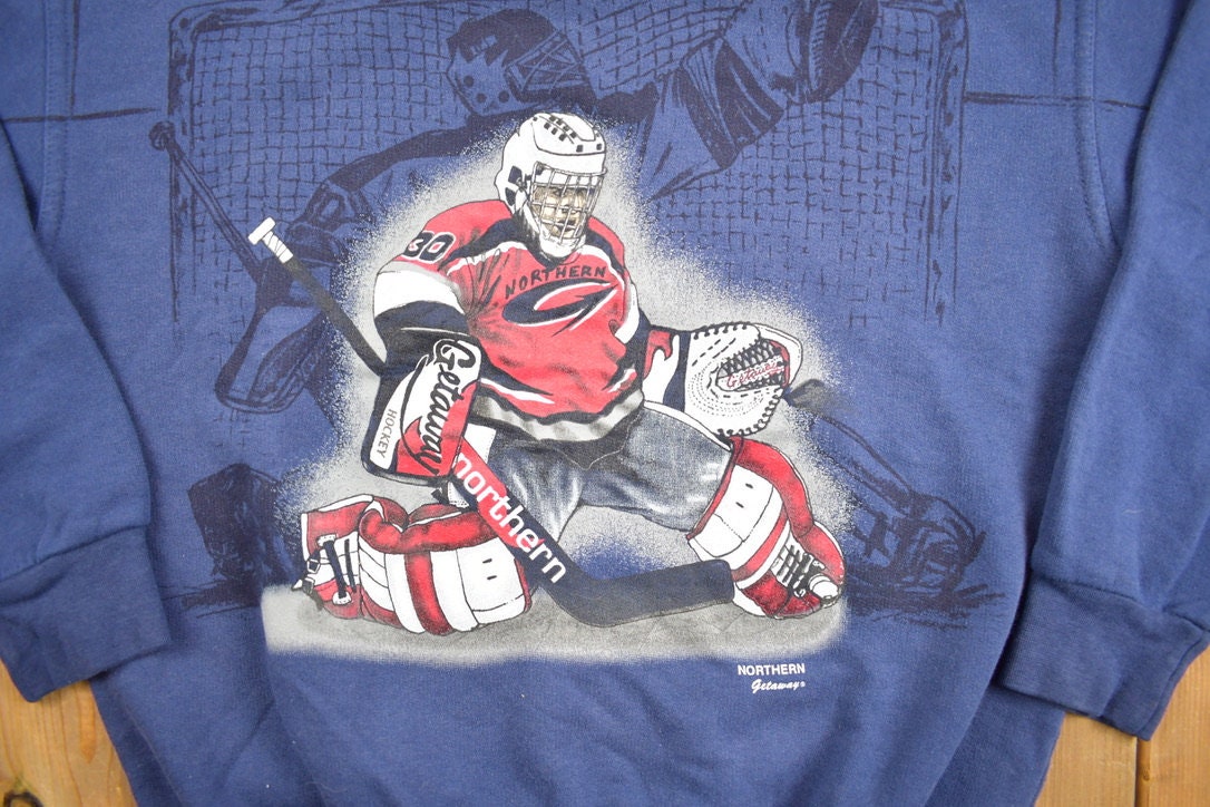 Vintage 1990s Ice Hockey Theme Blue Sweatshirt / 90s Crewneck / Made In Canada / Streetwear / Northern Getaway