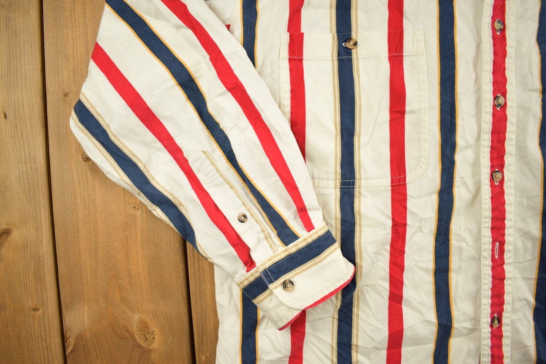 Vintage 1990s Basic Options Stripe Button Up Shirt / 1990s Button Up / Vintage Flannel / Basic Button Up / Colourful / Stripy