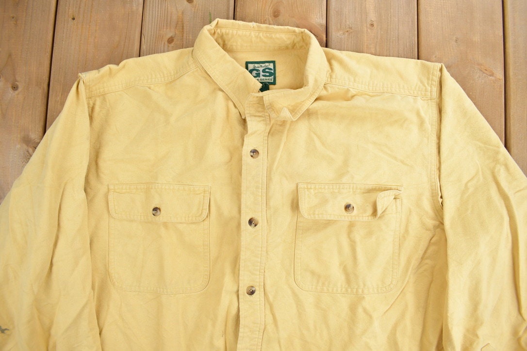 Vintage 1990s Gander Mountain Guide Series Blank Button Up Shirt / 1990s Button Up / Vintage Shirt / Basic Button Up / Outdoorsman / Yellow