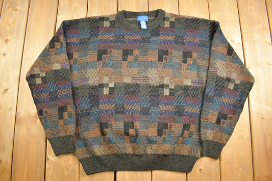 Vintage 1990s Towncraft Knit Crewneck Sweater / Vintage 90s Crewneck / All Over Pattern / Colorful / Sweatshirt / Abstract Pattern