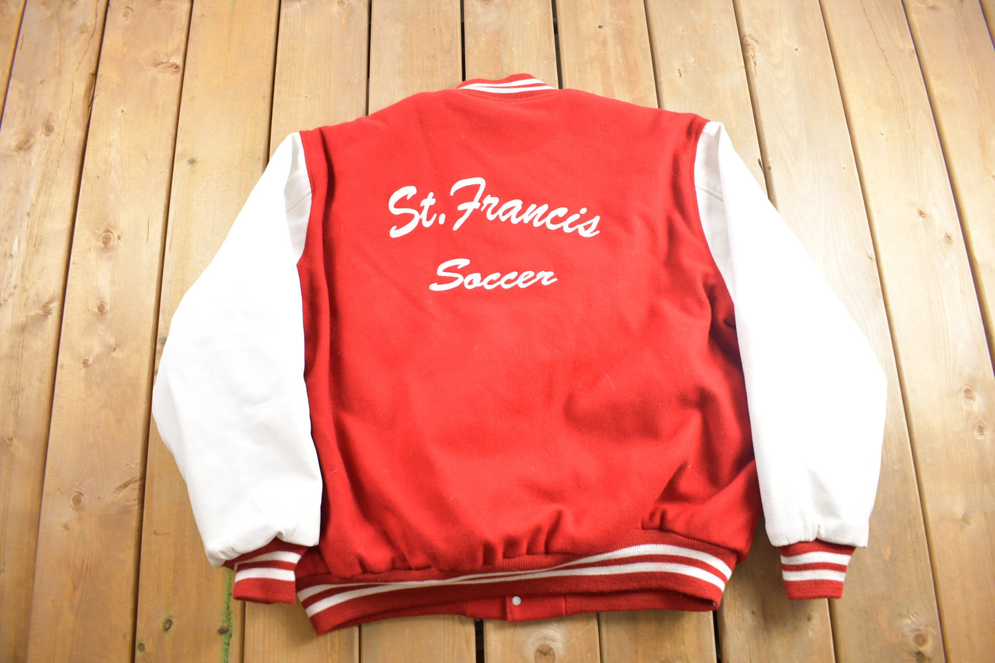 Vintage 1990s St Francis Soccer Leather Varsity Jacket / Made In USA / Red Varsity / Streetwear / Embroidered