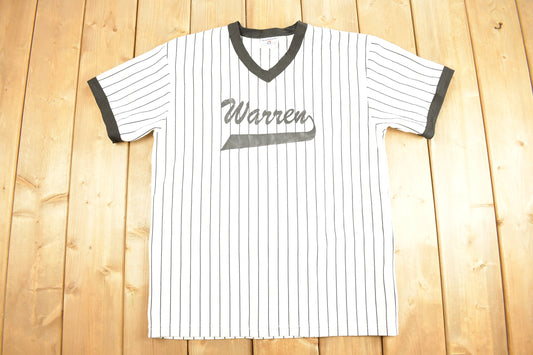 Vintage 1980s Warren Pinstripe Baseball Jersey / Made In USA / Black & White Jersey / 80s Jersey