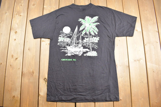 Vintage 1990s Grenada Tropical Souvenir T Shirt / Streetwear / Vacation Tee / Travel T Shirt / Tropical Theme / Boat Theme / Single Stitch