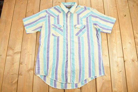 Vintage 1990s Panhandle Western Cut Short Sleeve Button Up Shirt / Made in USA / Pastels / Summer Shirt / Formal Shirt