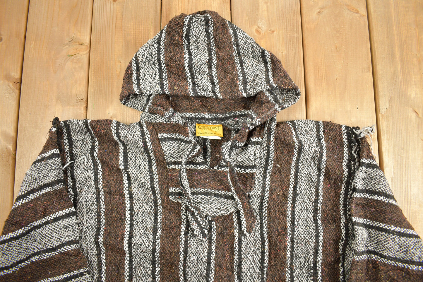 Vintage 1990s Brown Goldcoast Rasta Blanket Knit Hoodie / 90s Hoodie / Vintage Sweater / 90s / Drug Rug / Color Block / Baja / Size Medium