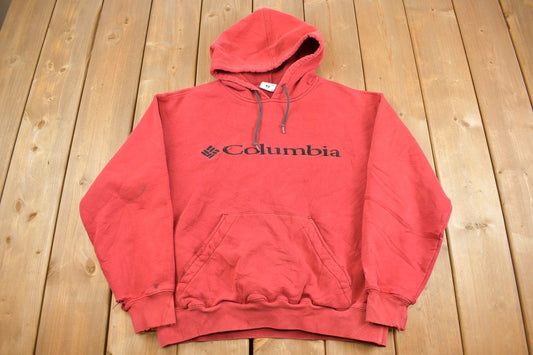 Vintage 1990s Red Columbia Hoodie / 90s Hoodie / Vintage Sweater / Color Block / Distressed Hoodie / Columbia Hoodie