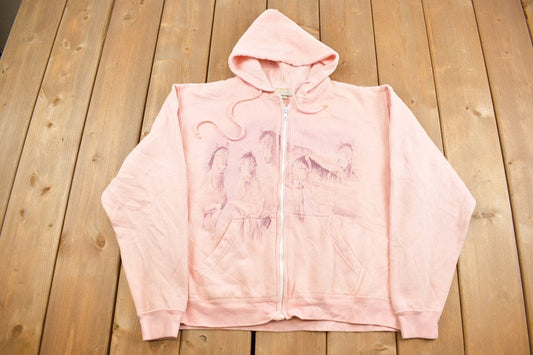 Vintage 1990s Cute Pink Horse Full Zip Hoodie Sweater / 90s Hoodie / Grandma Sweater / Streetwear / Animal Theme / Cute / Horse Theme /