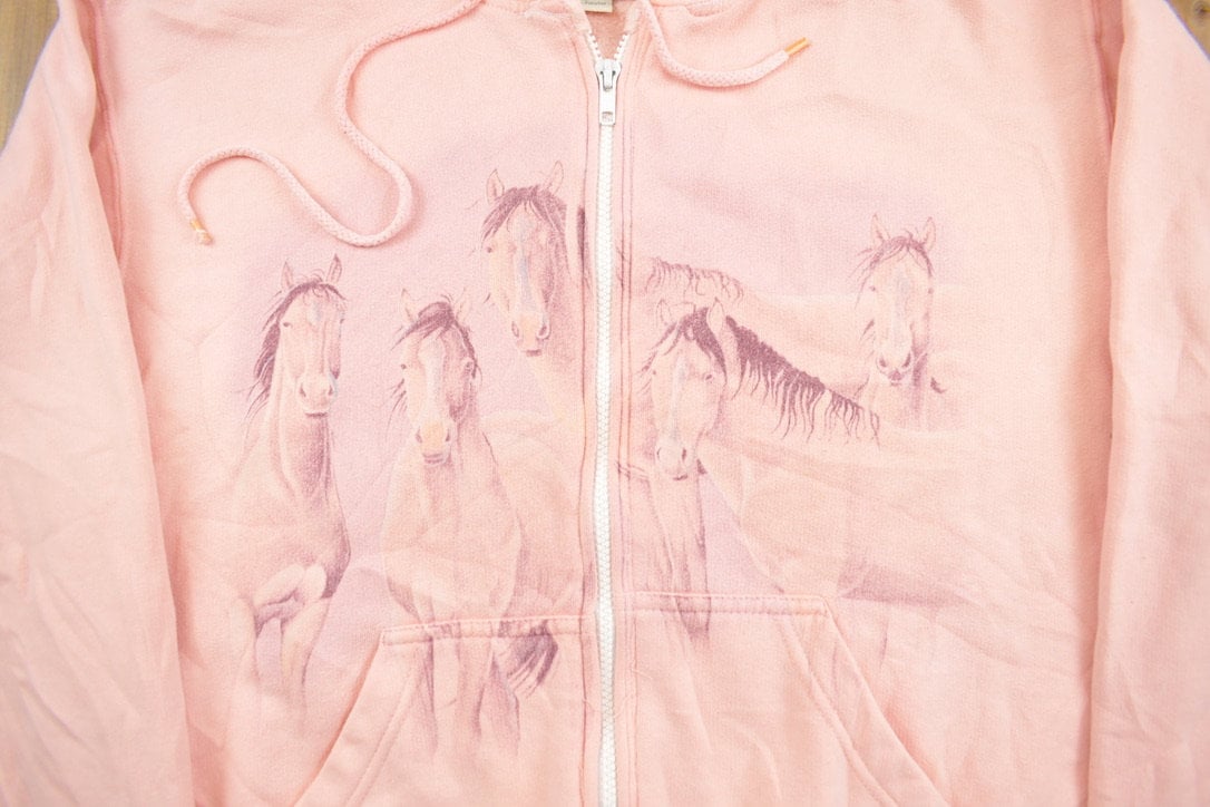 Vintage 1990s Cute Pink Horse Full Zip Hoodie Sweater / 90s Hoodie / Grandma Sweater / Streetwear / Animal Theme / Cute / Horse Theme /