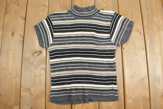 Vintage 1990s Crop Knit Mock Neck Short Sleeve Sweater / Vintage 90s Crewneck / All Over Pattern / Striped Sweatshirt / Paris Sport Club /