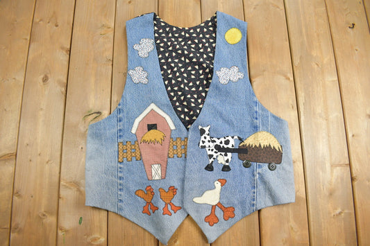 Vintage 1990s Farm Barnyard Scene Embroidered Denim Vest / 1990s Vest / Vintage Embroidered Vest / Denim Waistcoat / Farm Applique Vest