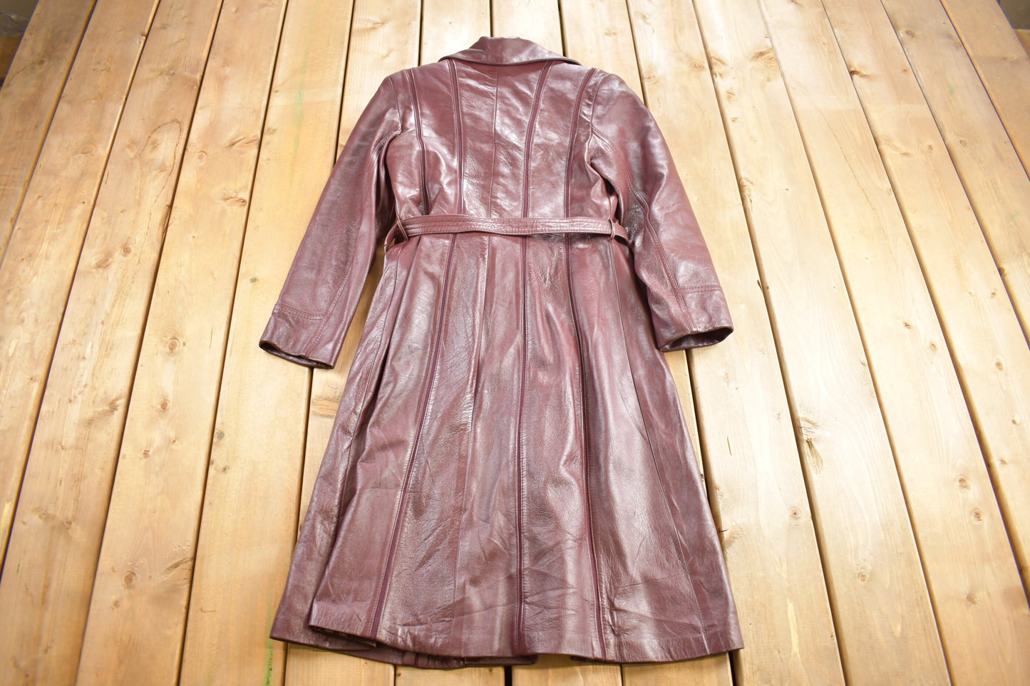 Vintage 1970s Genuine Red Leather Button Down Trench Coat / True Vintage / Womenswear / Size Small