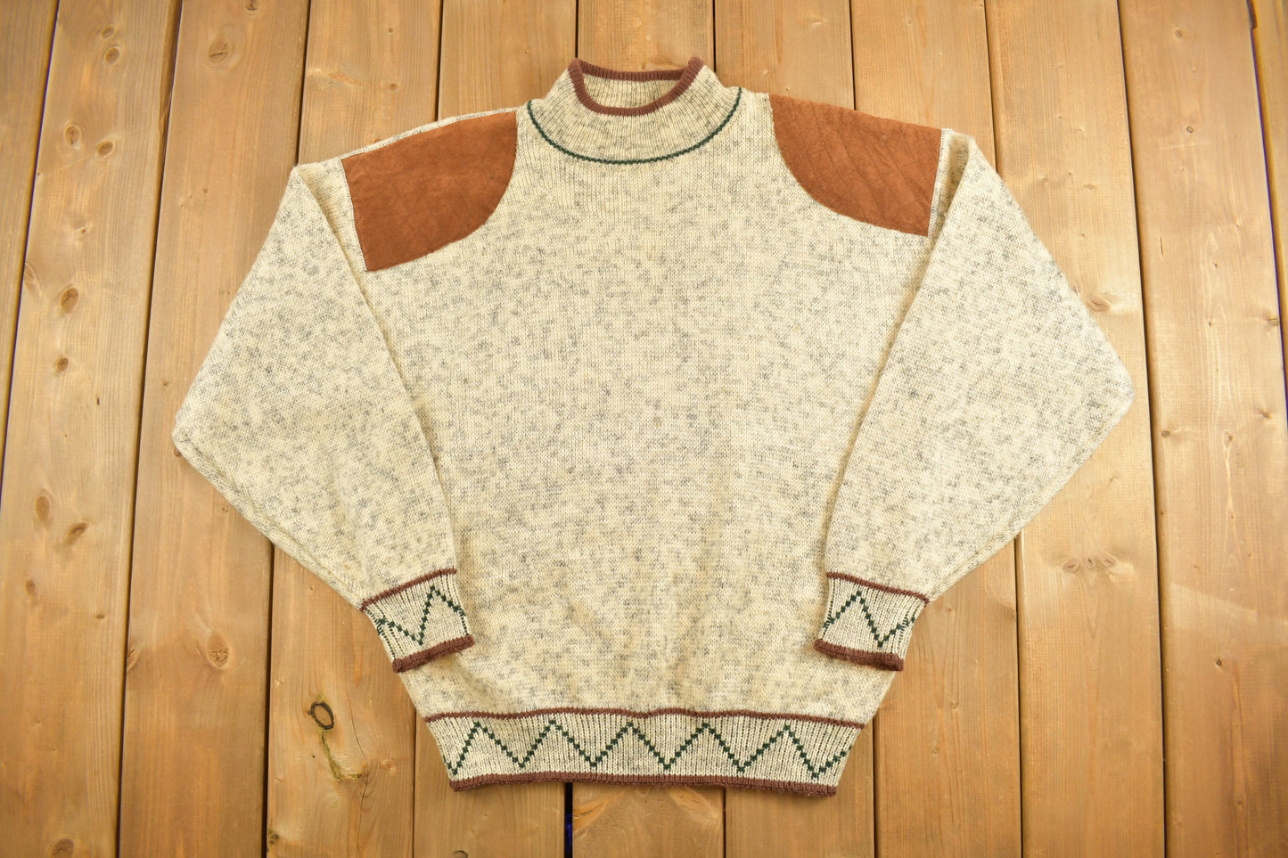 Vintage 1980s Sears Acrylic Knitted Crewneck Sweater / Vintage 90s Crewneck / Suede / Patchwork / Sweatshirt / Mock Neck