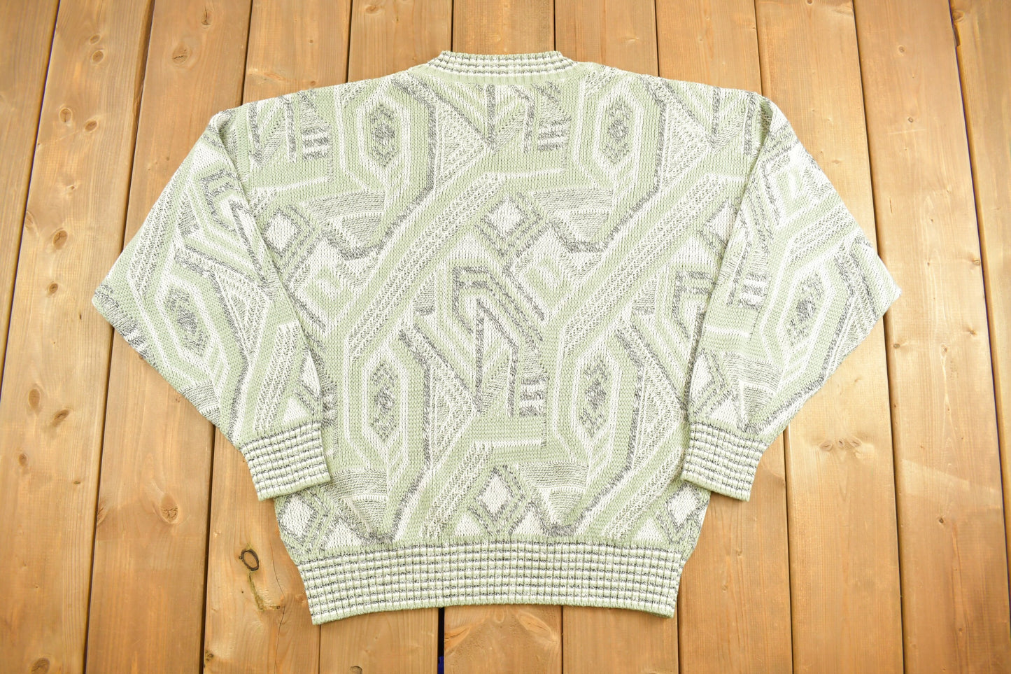 Vintage 1990s London Fog Green V Neck Knitted Sweater / Vintage 90s Crewneck / Pattern Sweater / Outdoor / Abstract / Pullover Sweatshirt