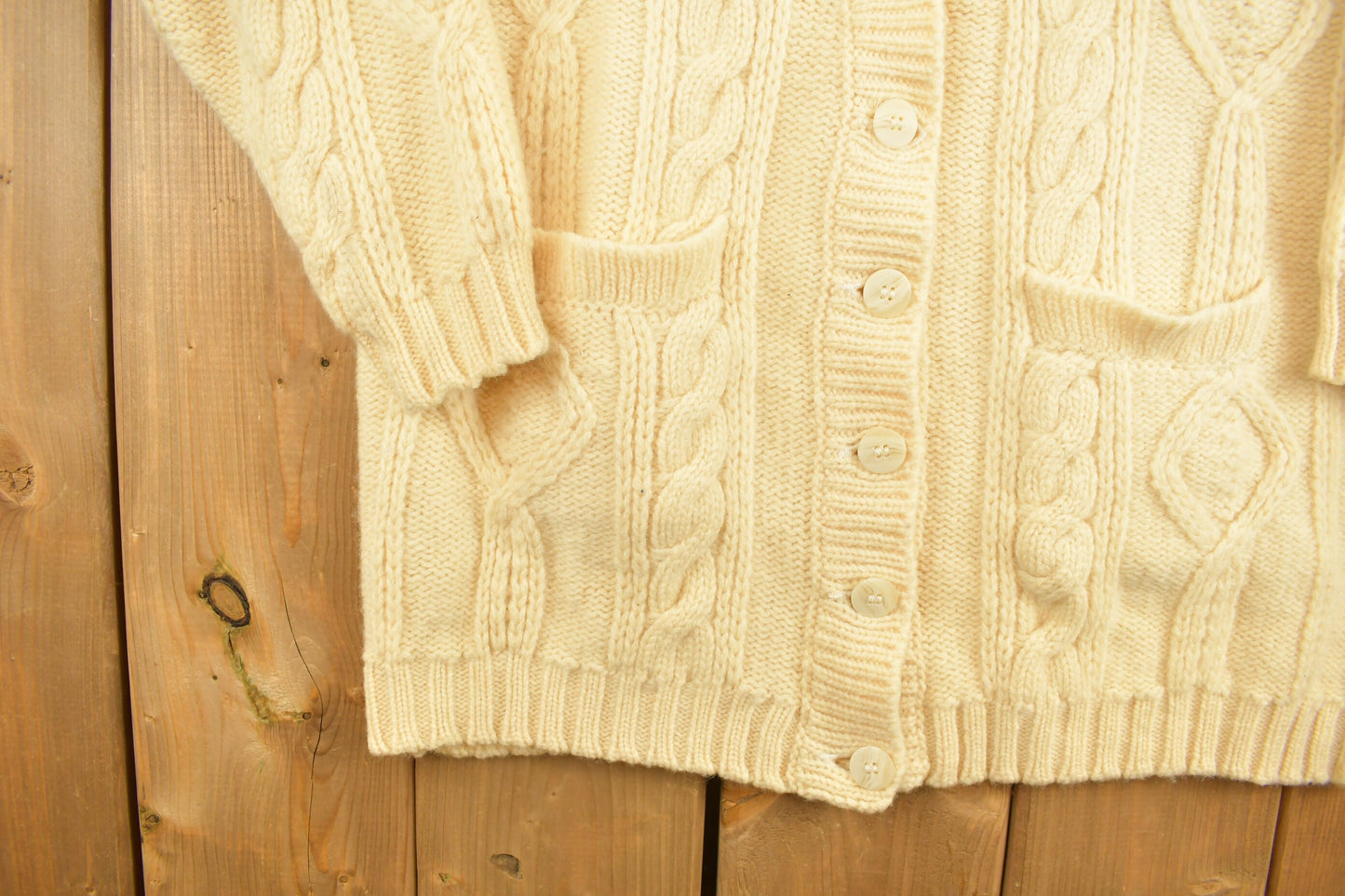 Vintage 1990s Beige Diamond Pattern Knitted Cardigan Sweater / Vintage Cardigan / Button Up / Blank Cardigan / 90s Sweater / 3D Knit