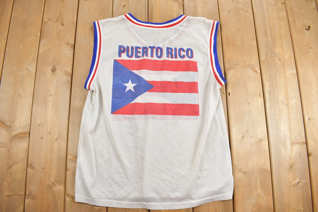 Vintage 1990s Puerto Rico Flag Souvenir Mesh Basketball Jersey Tank Top / Streetwear / Vacation Tee / Travel T Shirt / Size Medium /