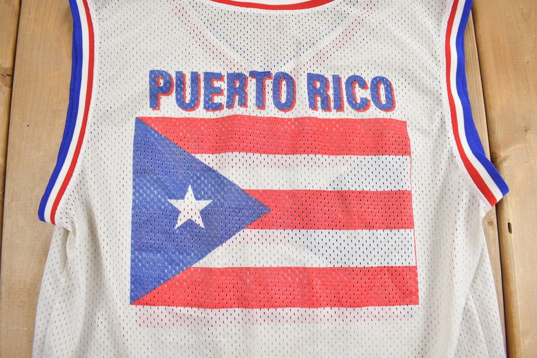 Vintage 1990s Puerto Rico Flag Souvenir Mesh Basketball Jersey Tank Top / Streetwear / Vacation Tee / Travel T Shirt / Size Medium /