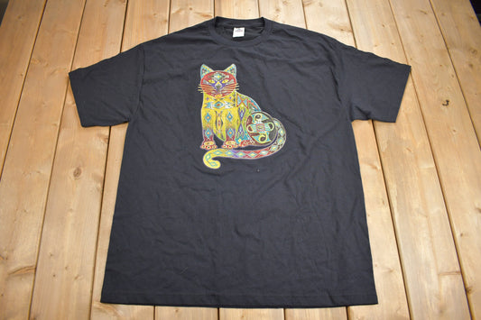 Vintage 1990s Aztec Cat Graphic T Shirt / Vintage T Shirt / Streetwear / Graphic Tee / Abstract Cat Shirt