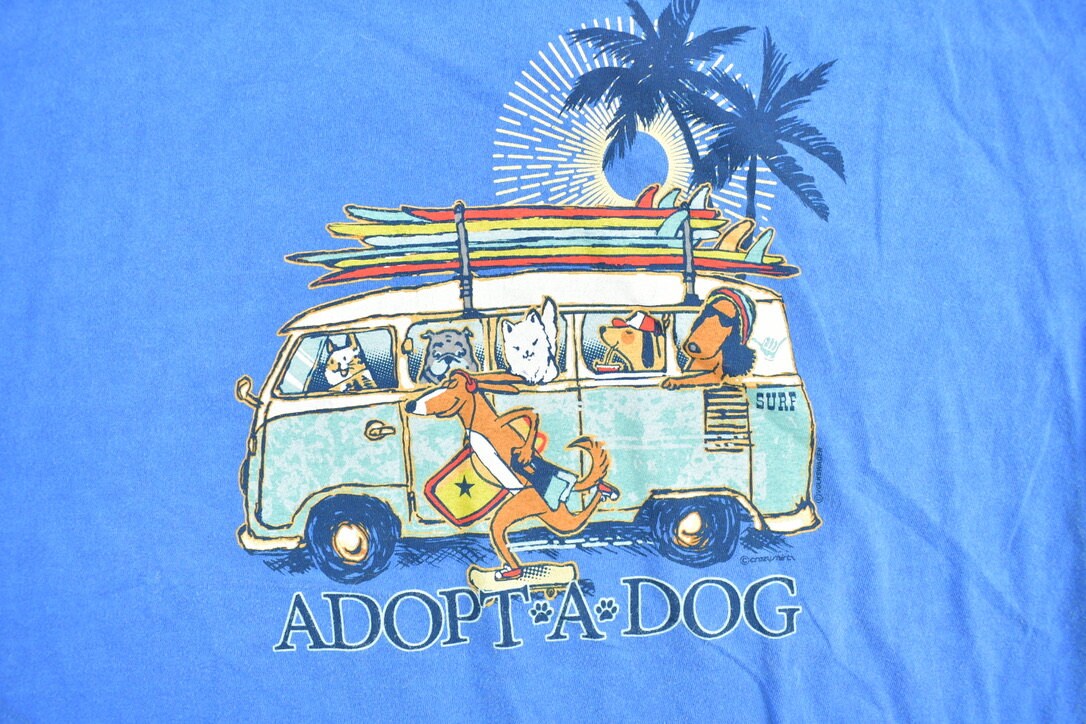 Vintage 1990s Adopt A Dog Surf Graphic T-Shirt / Streetwear / Retro Style  / 90s Graphic Tee / Animal Graphic / Surfer Shirt