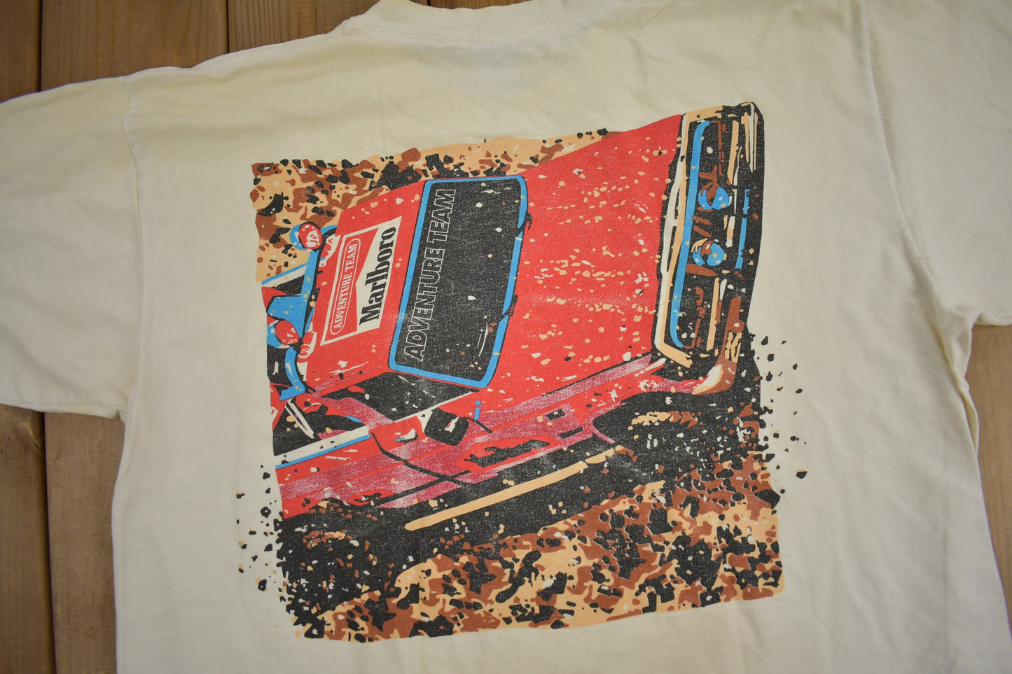 Vintage 1990s Marlboro Adventure Race Car Graphic Pocket T Shirt / Graphic Tee / Single Stitch / Made In USA / Cigarette Advertisement