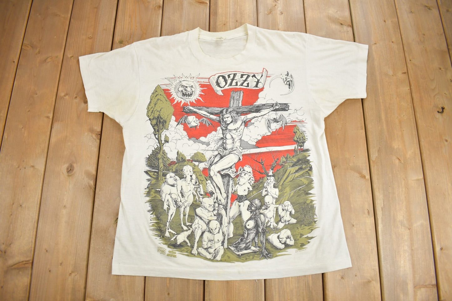 Vintage 1991 Ozzy Osbourne Cross Graphic T-Shirt / Band Tee / Single Stitch / Made in USA / Backstage Pass