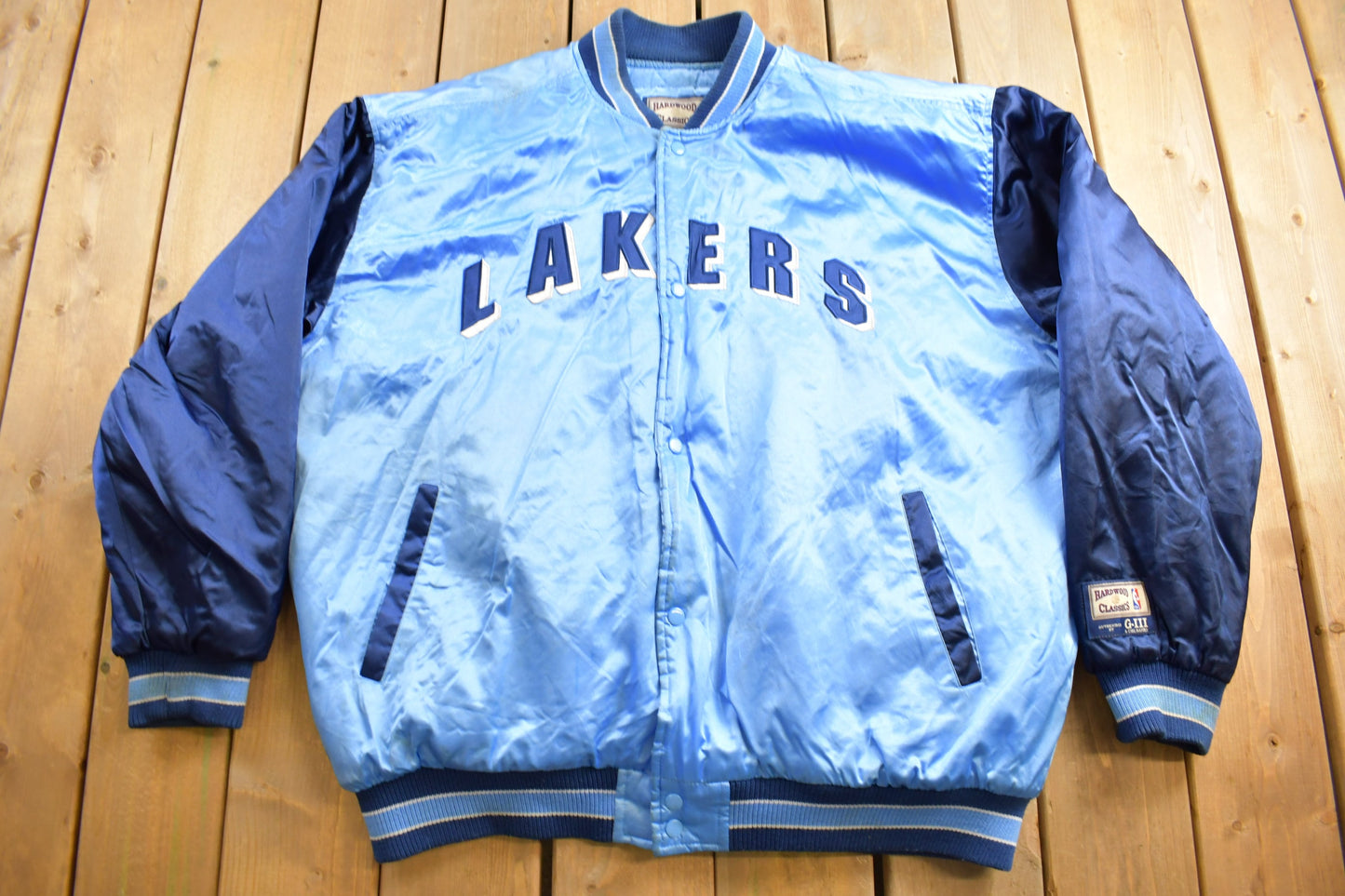 Vintage 1990s Blue Los Angles Lakers NBA Hardwood Classics G-III & Carl Banks Satin Bomber Jacket / Embroidered / Patchwork / Snap Button