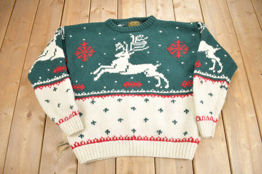 Vintage 1990 Eddie Bauer Winter Deer Theme Knit Sweater / 100% Wool / All Over Pattern / Colourful Sweatshirt