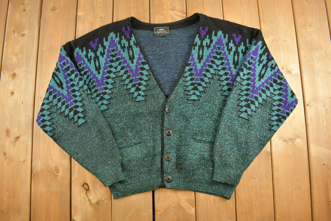 Vintage 1990s Sears Abstract Cardigan Sweater / Vintage Cardigan / Button Up / Patterned Sweater / Christmas Theme / Grandpa Style