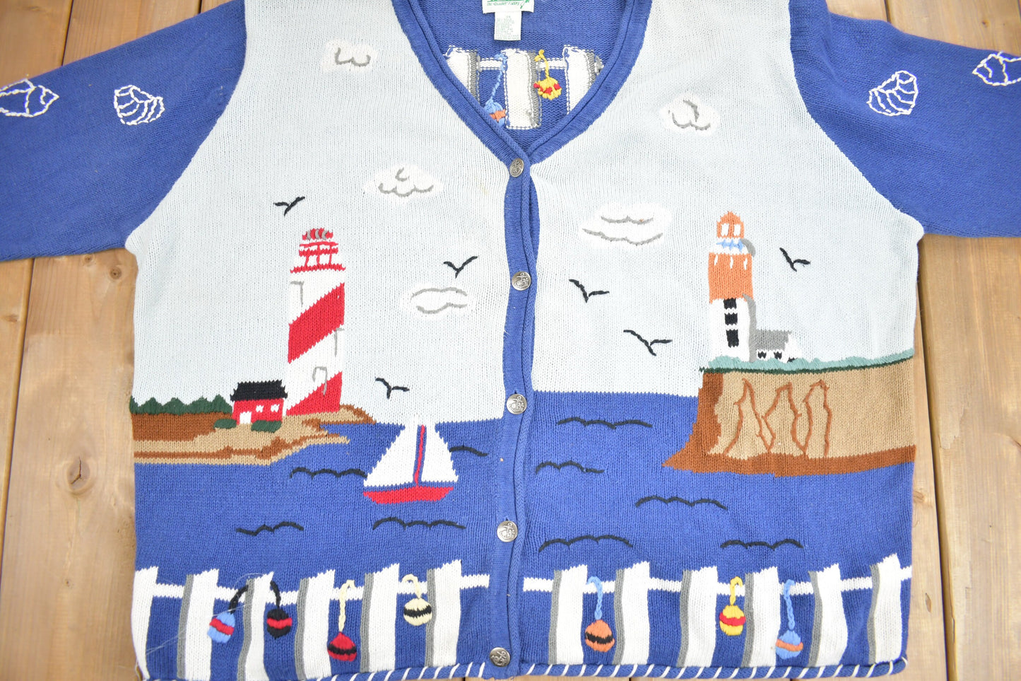 Vintage 1990s Lighthouse Theme Embroidered Knit Cardigan Sweater / Cute Sweater/ Patchwork / The Quacker Factory