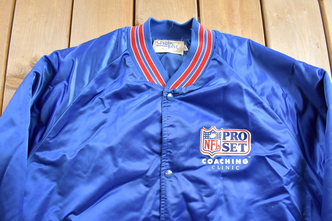 Vintage 1990s NLF Pro Set Coaching Clinic Chalk Line Satin Bomber Jacket / Athleisure / Athletic Sportswear / Streetwear / Made In USA /