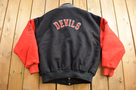 Vintage 1980s Devils Sudbury Sports North Varsity Jacket / 77 Fish / Patchwork / Streetwear / Made In Canada / Canada Sportswear Co. /