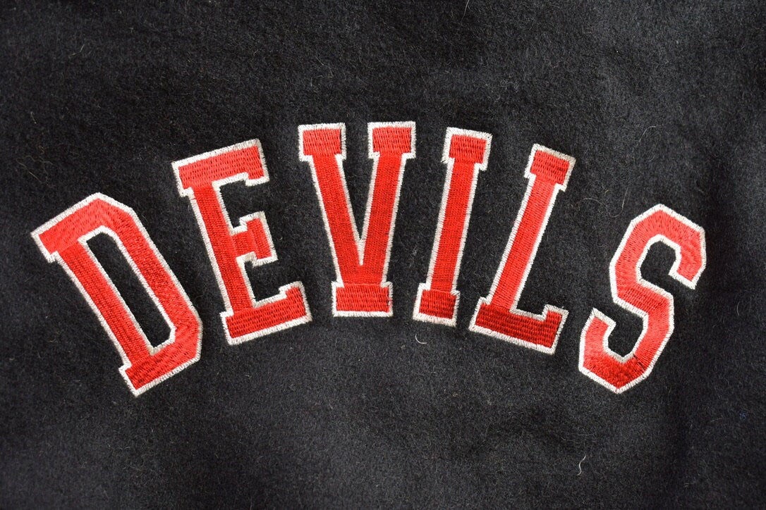 Vintage 1980s Devils Sudbury Sports North Varsity Jacket / 77 Fish / Patchwork / Streetwear / Made In Canada / Canada Sportswear Co. /