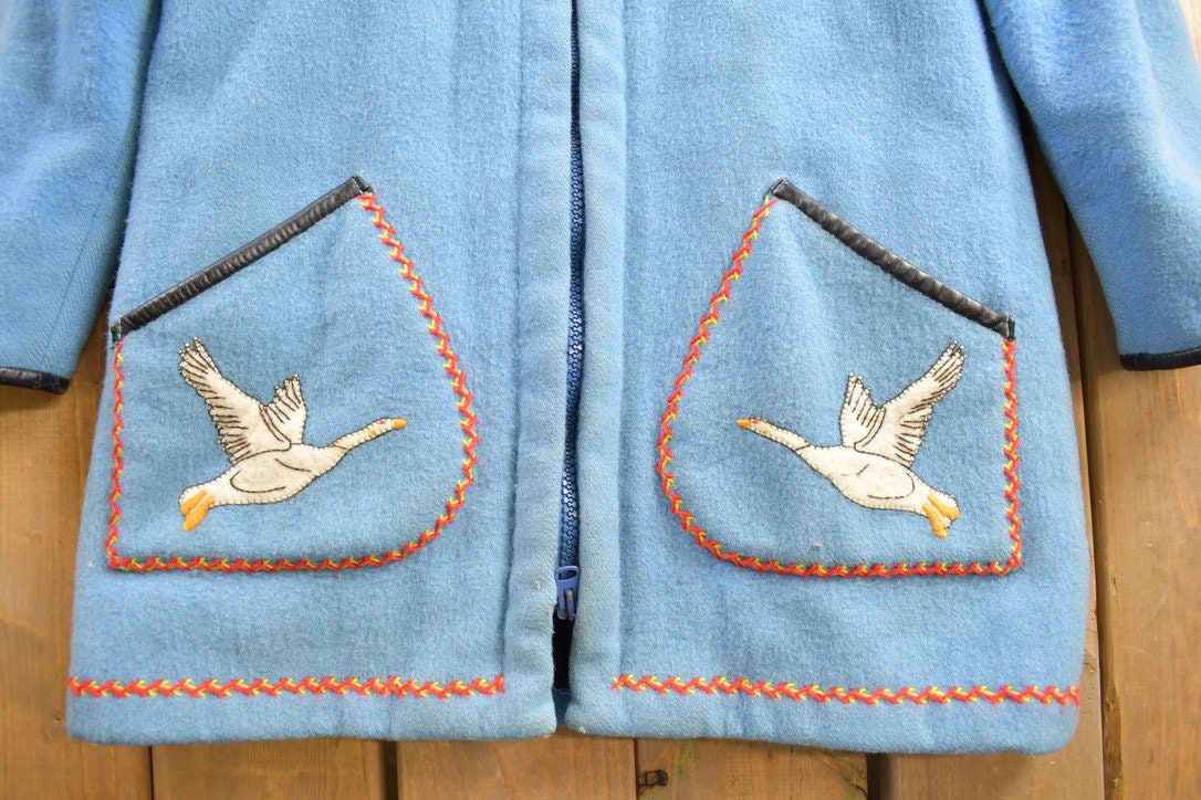 Vintage 1970s Goose Theme Embroidered James Bay Long Jacket / Fur Collar / Winter Duffle Coat / Made In Canada / Pure Virgin Wool