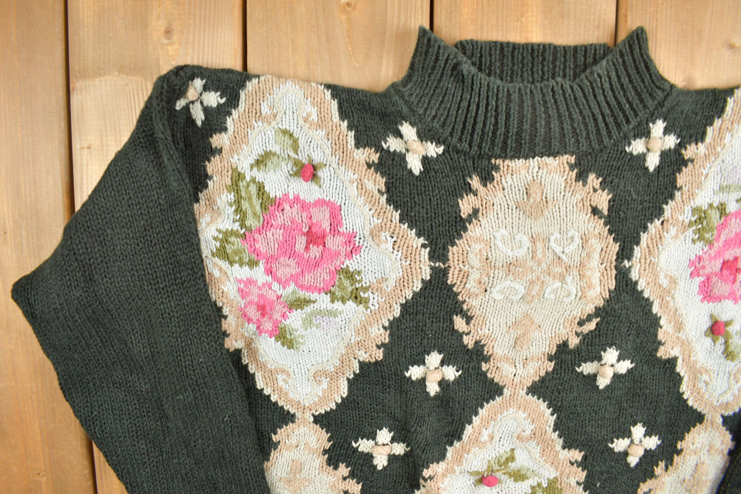 Vintage Beldoch Popper Knitted Floral Mock Neck Sweater / Vintage 90s Crewneck / Floral Pattern Sweater / Pullover Sweatshirt