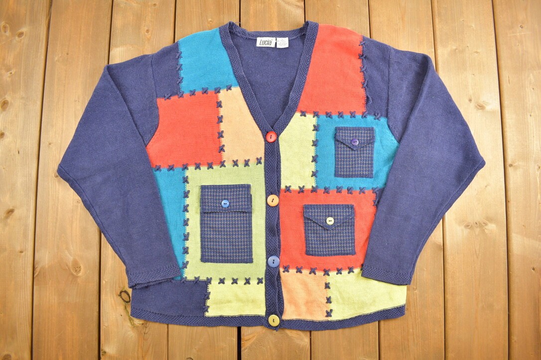 Vintage 1990s Lucia Patchwork Knitted Sweater / Vintage 90s Short Sleeve Cardigan / Pattern Sweater / Outdoor / Colourful Cardigan