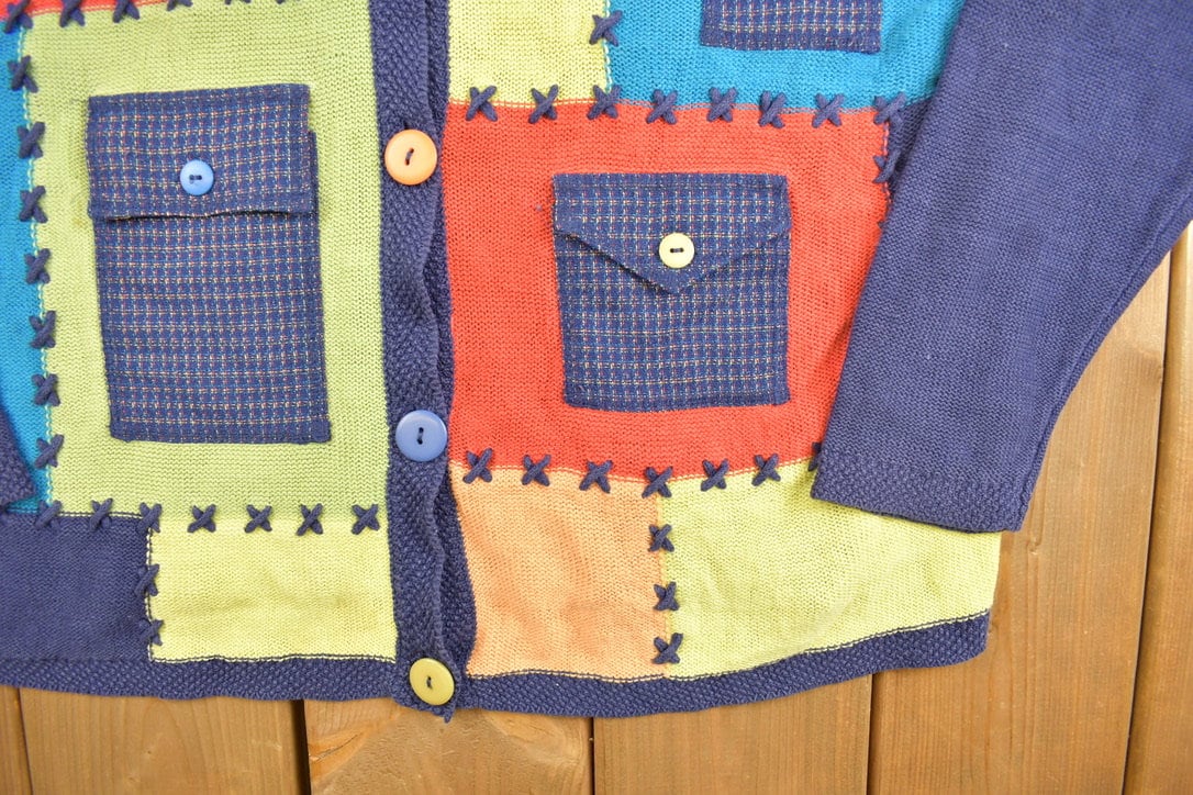 Vintage 1990s Lucia Patchwork Knitted Sweater / Vintage 90s Short Sleeve Cardigan / Pattern Sweater / Outdoor / Colourful Cardigan